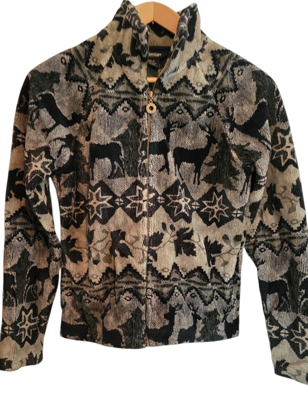 Vintage Barrage Collection Nordic Deer All Over Print Zip Fleece Jacket Size M